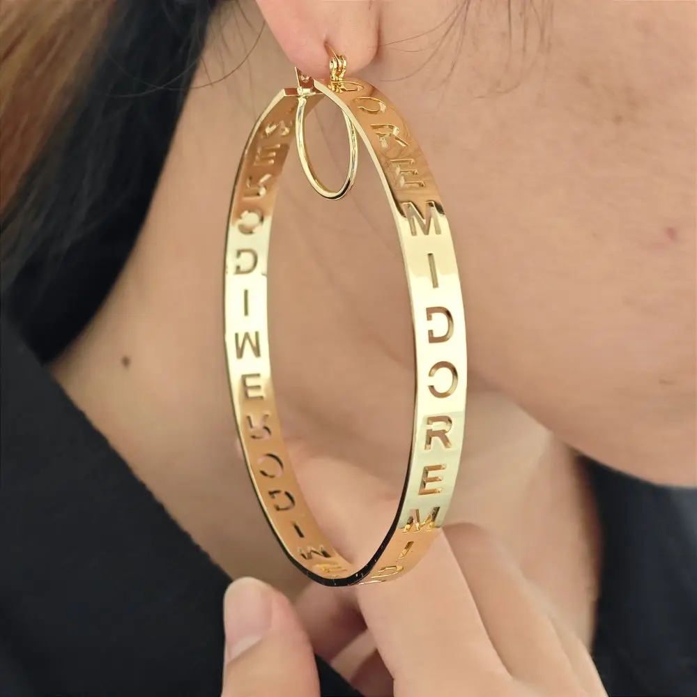 2023 Personalized 30-90mm Hallow Name Hoop Earring Custom Stainless Steel Chunky Drop  Earring For Women Jewelry Gifts