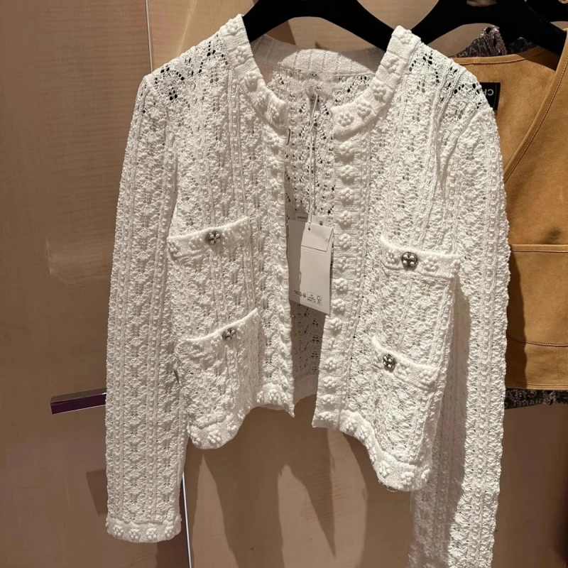 

Вязаный кардиган Fanhfan Heavyweight для женщин: весенний, нежный дизайн, узор «Чайный цветок», ажурный, с длинными рукавами