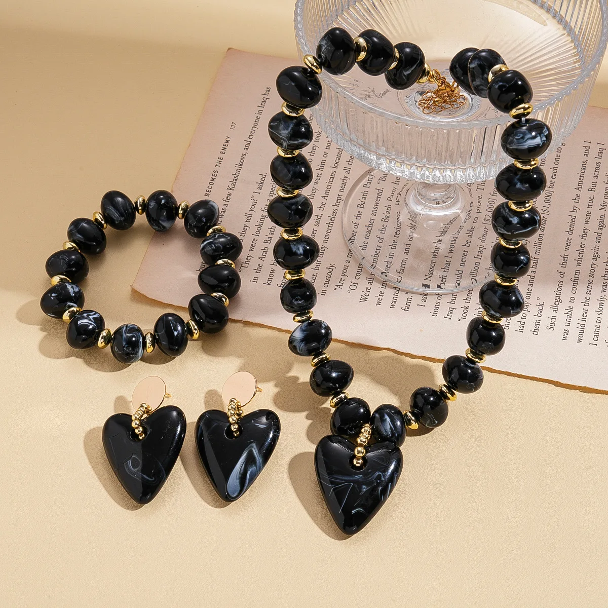 Immagine 6: Collana con Ciondolo a Cuore e Perline in Acrilico Ovale Stile Europeo e Americano, Orecchini Eleganti alla Moda, Accessori da Donna per Banchetti K