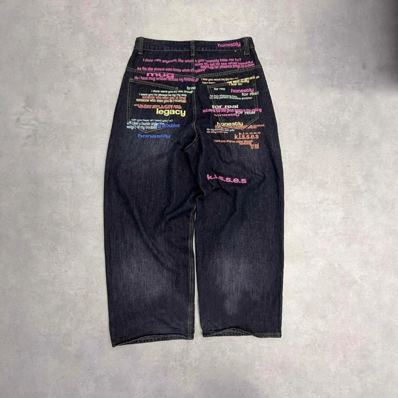 Hksh primavera outono novo homem na moda vintage carta impressão jeans chique hip-hop angustiado em linha reta perna larga y2k calças hk14122