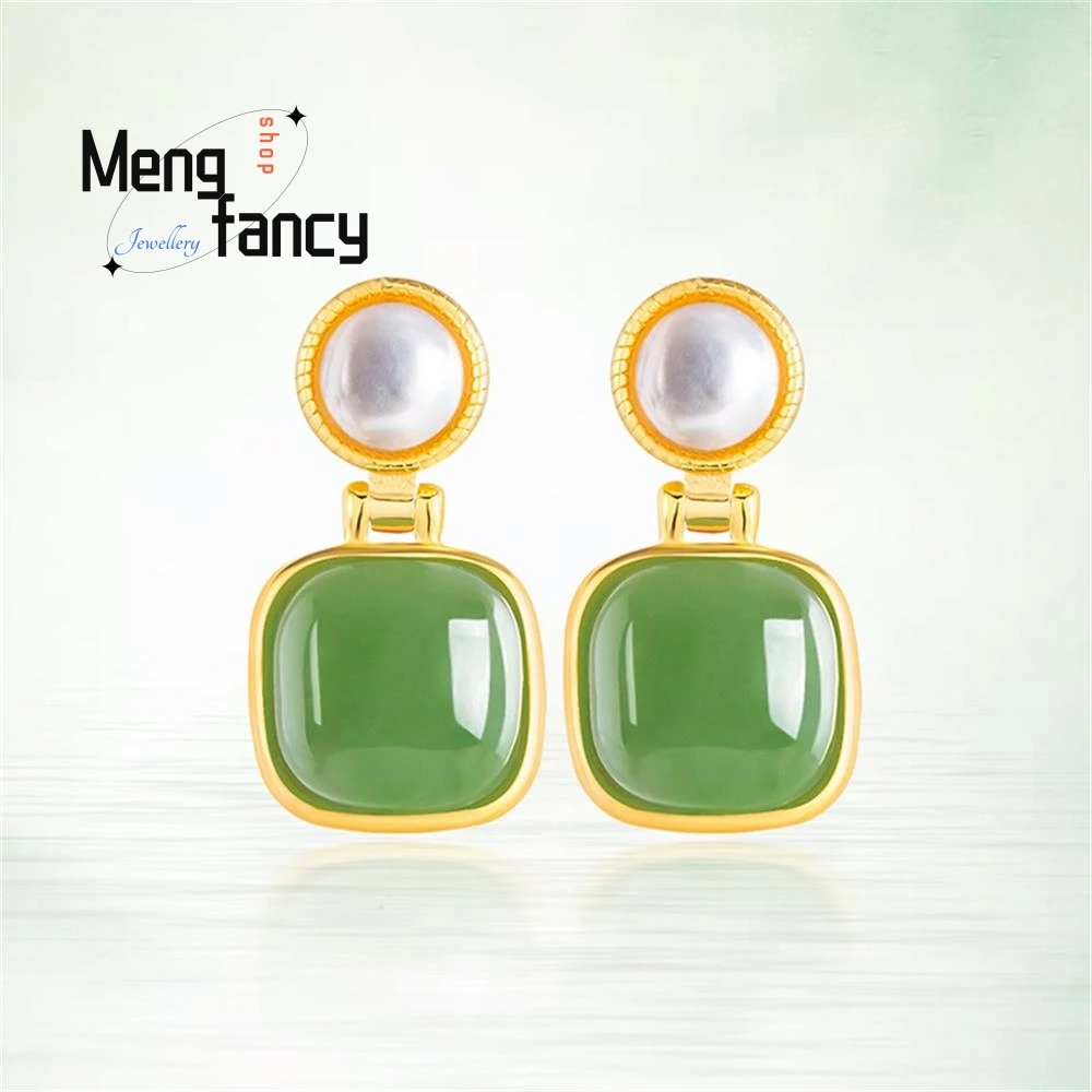 

Spinach Green Natural Old Material Hetian Jade Jasper Square Pearl Earrings Female Models Genuine S925 Silver With Jade Earrings