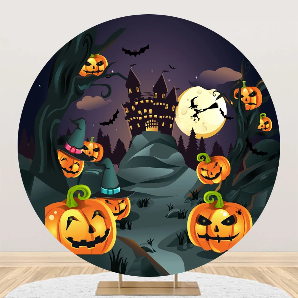 Happy Halloween Round Backdrop Cover Full Moon Night Horror Forest Castle Pumpkin Halloween Party Decor Photography Background