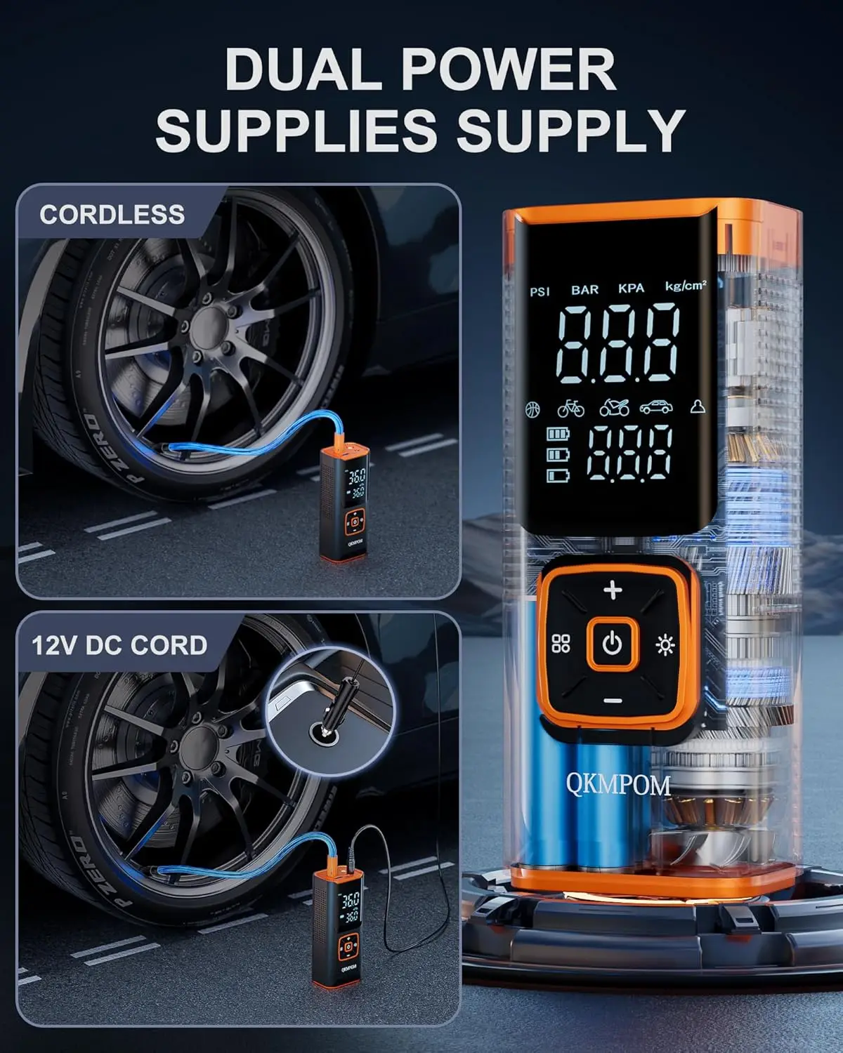 ポータブルタイヤインフレーター、180 PSIコードレスエアコンプレッサー（ゲージ付き）、車、バイク、自転車用