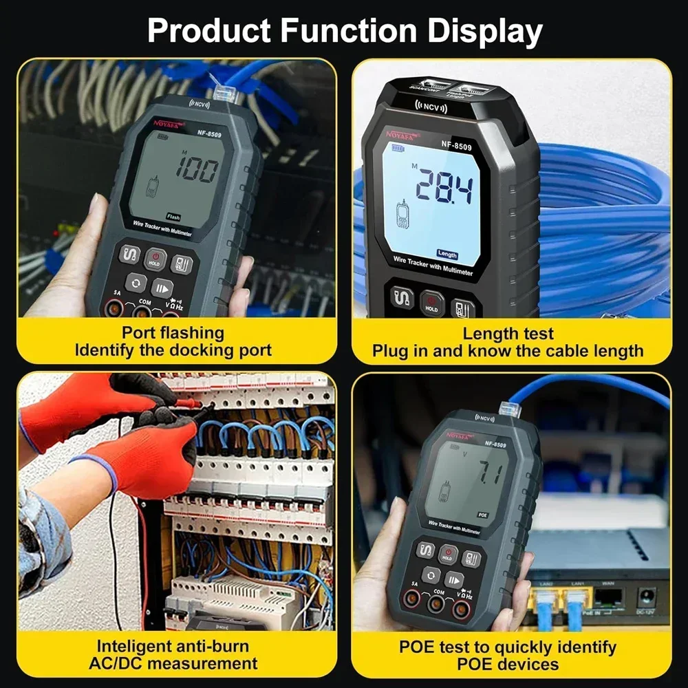 

NOYAFA NF-8509 Network Cable Tester Digital Cat5 Cat6 PoE Tester Multimeter Cable Tracker Measure Length Wiremap Tester