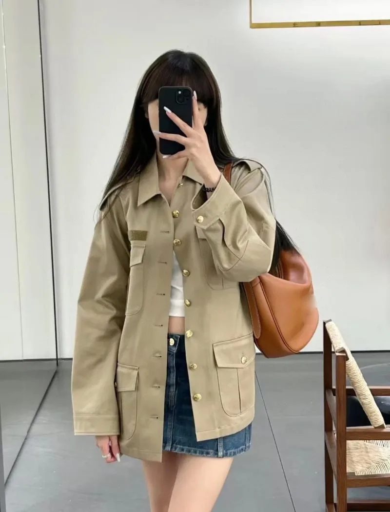 2024 Autumn/Winter New Women's Windbreaker Retro Work Pants Metal Button Four Pocket Design Medium to Long Women's Outcoat