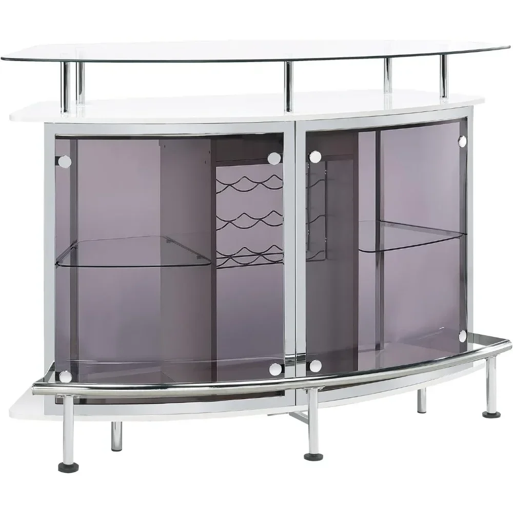 

Modern Home Bar Table Wine Storage Cabinet, Tempered Glass Top & Shelves Smoked Acrylic Panels, White High Gloss & Chrome