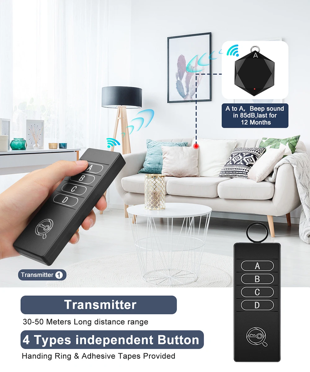 Hollarm Wireless Key Finder Remote Key Locator Phone Wallets Pet Tracker Wallet Tracker Anti-Lost Tags and Keychains 4 Receiver
