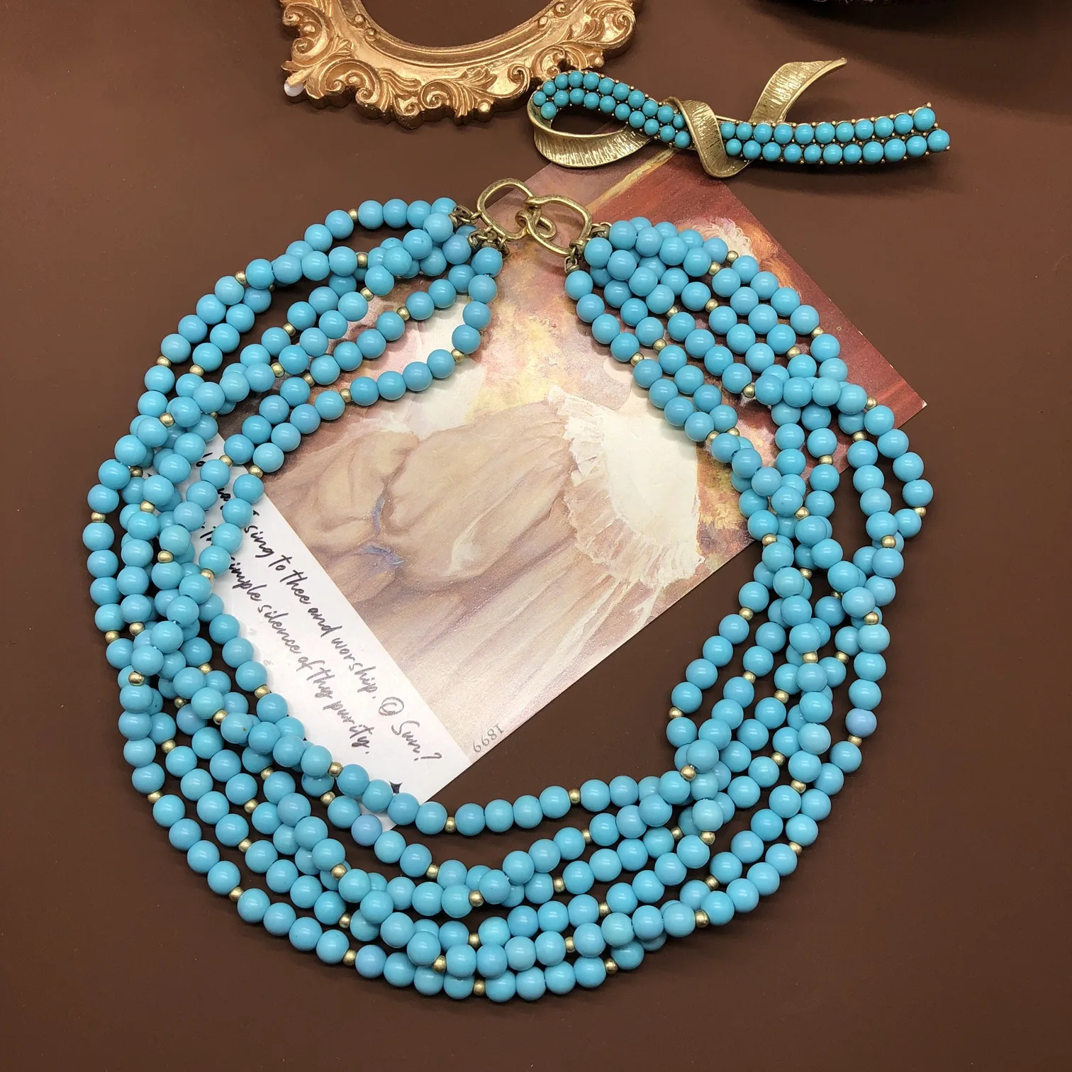 Collar retro de moda Medieval con cuentas turquesas, collar de estilo bohemio multicapa, broche, joyería