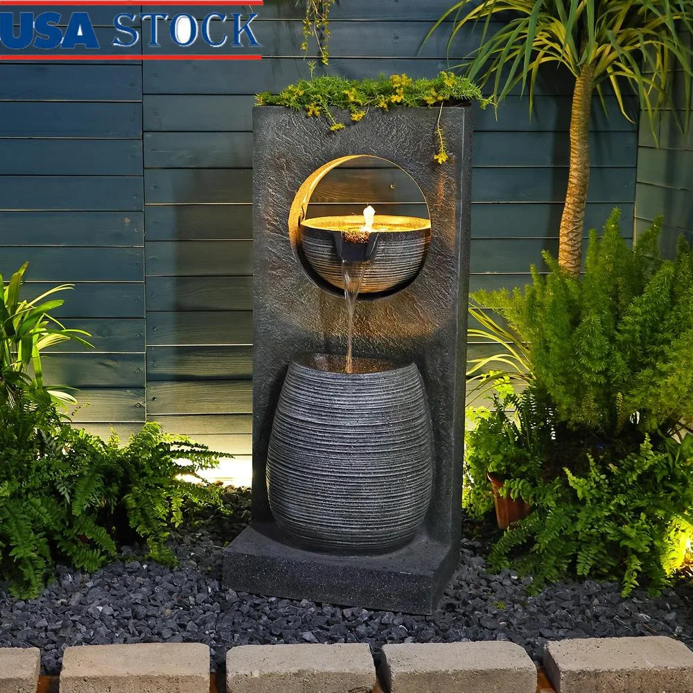 

Outdoor Water Fountain with LED Lights Modern Indoor Outdoor Waterfall Fountain Relaxing Cascading Sound Garden Decor Durable