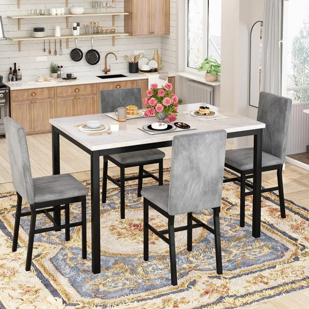 

Dining Table Set for 4 Faux Marble Kitchen Table and Chairs Set of 4,5 Piece with Velvet Upholstered Dinner Chairs