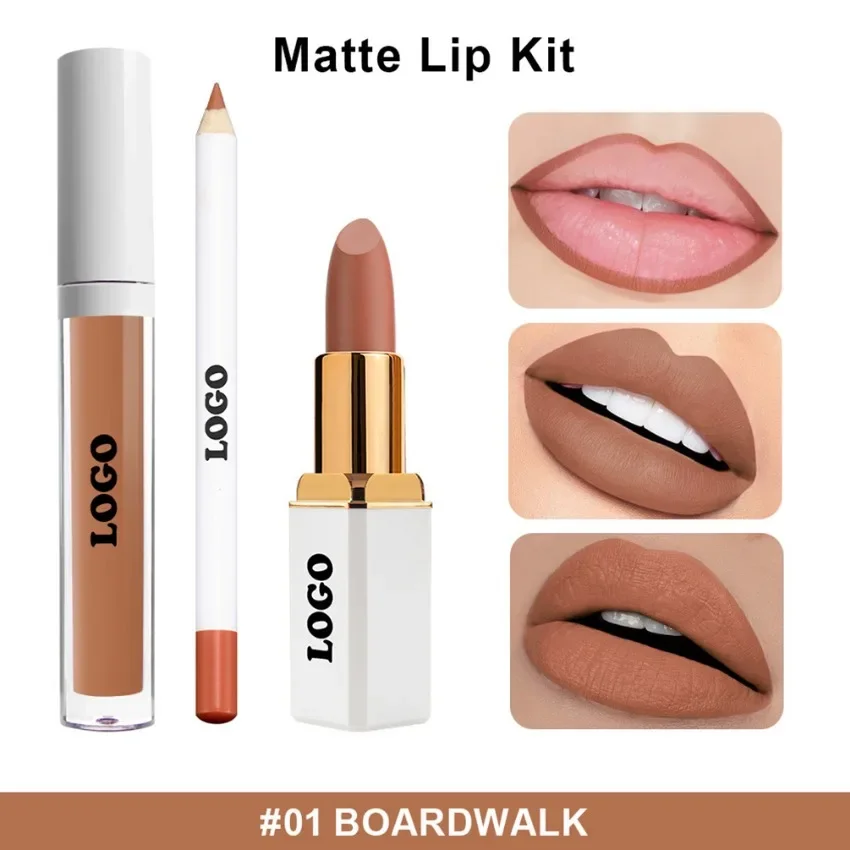 3 Pieces Lipstick Lip Gloss Lipliner Kit Custom Logo Pigment Long Lasting Non-stick Makeup Private Label Wholesale Cruelty Free