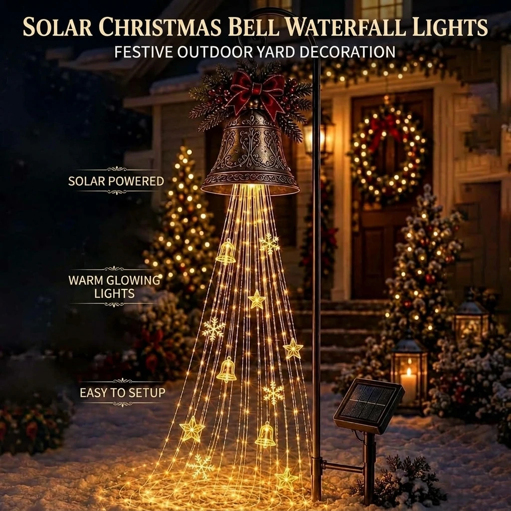 Homeowners Solar Christmas Bell Waterfall Lights Festive Resin Outdoor Garden Decoration Warm LED for Patio Balcony Storefront