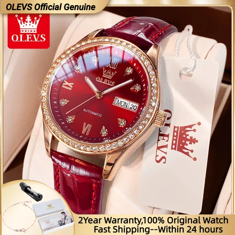OLEVS 6637 Women Watch Full Diamond Dial Dual Calendar Display Waterproof  Elegant Leather Strap Watch Bracelet Set