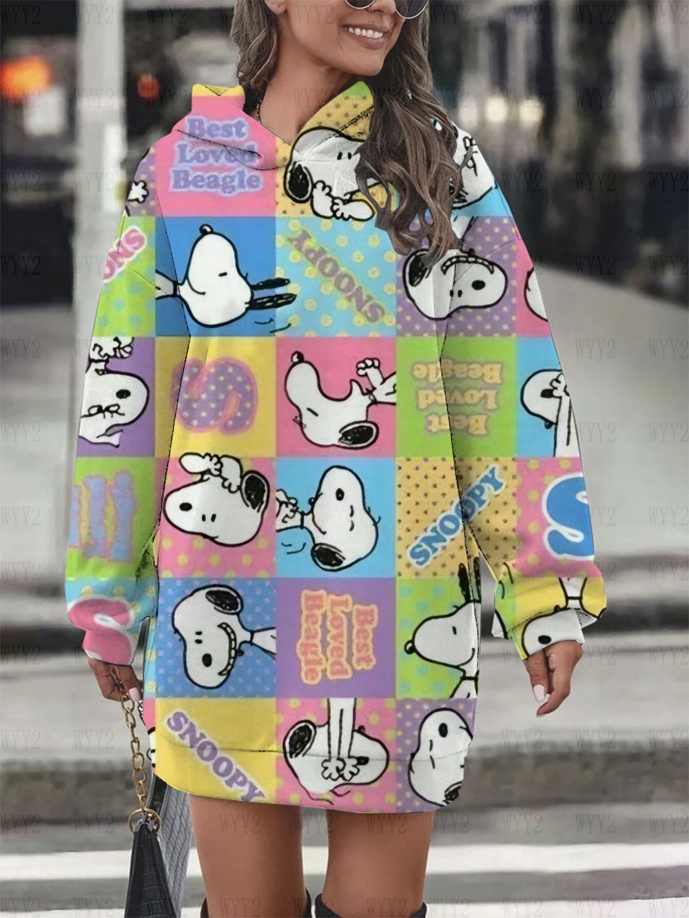 Women\'s spring and autumn Disney printed Snoopy new long-sleeved hoodie dress cartoon women\'s street casual fashion sweater dres