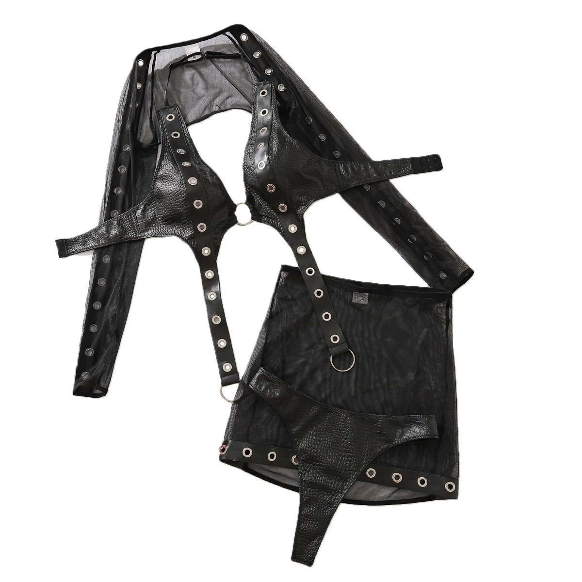 

Женский комплект нижнего белья, сексуальный бюстгальтер, бикини в стиле панк, вечерние костюмы с шипами, эротическая юбка с запахом, комплект из 4 предметов, корсет, повязка