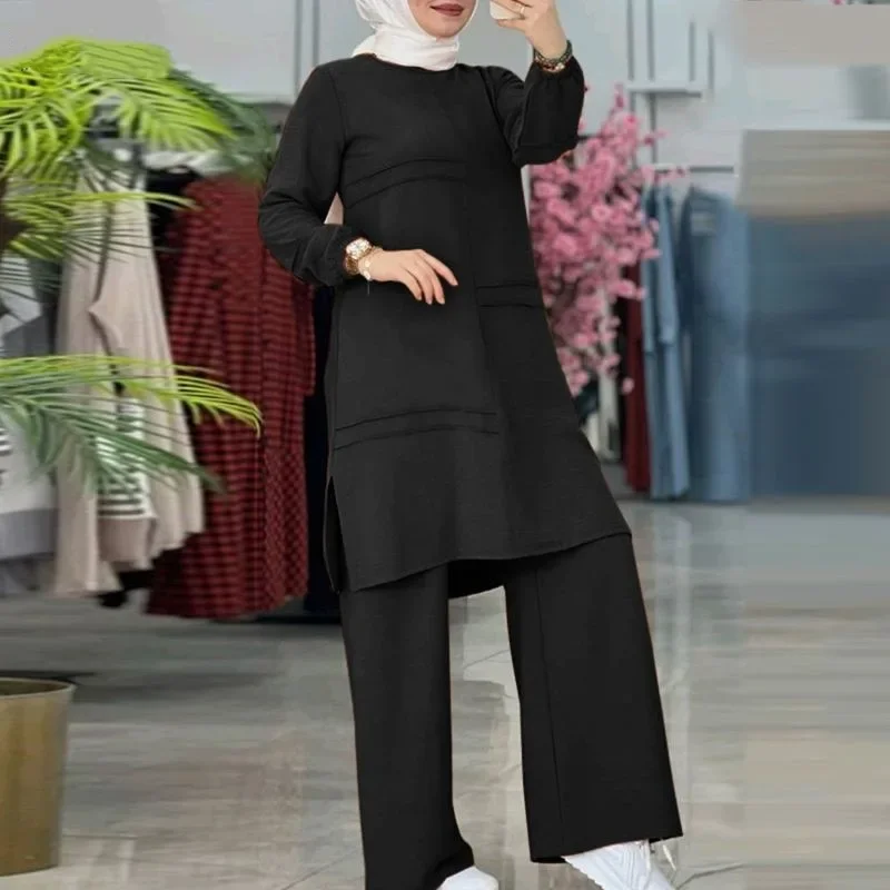 Two-Piece Muslim Sets for Women, Long Sleeved Shirt, Wide Leg Pants Set, Islamic Clothes, Elegant Abaya, Monochromatic, 2021