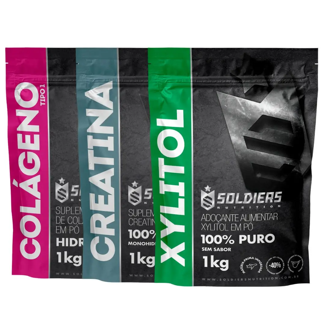 Kit: Collagen 1Kg + Creatine Monohydrate 1Kg + Xylitol 1Kg-Pure 100%-Soldiers Nutrition