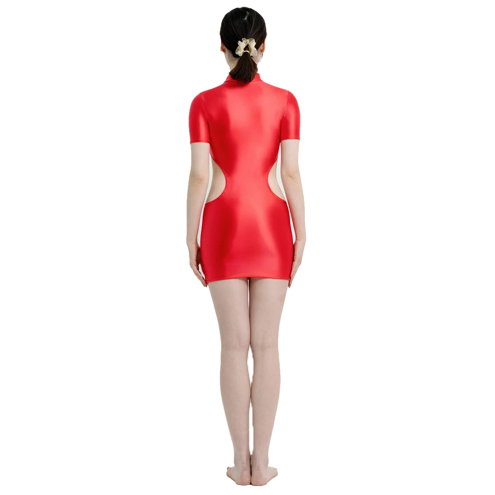 MJINM Women Sexy Shiny Smooth Short Sleeve Bodycon Stretch Clubwear Waist Exposed Mini Skirts One-step Tights High Neck Dresses