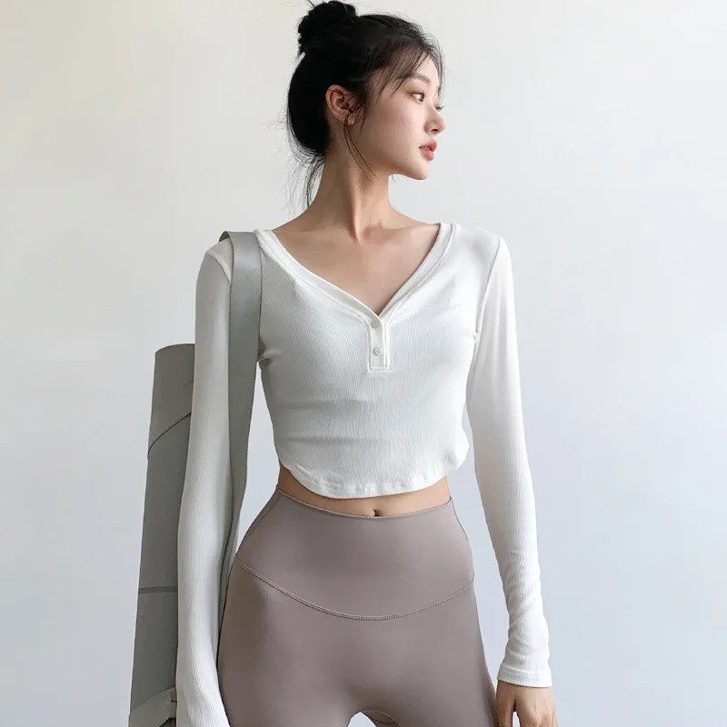 

Sports top women's long-sleeved tight-fitting slim T-shirt autumn fitness cover-up v-neck running sports yoga wear