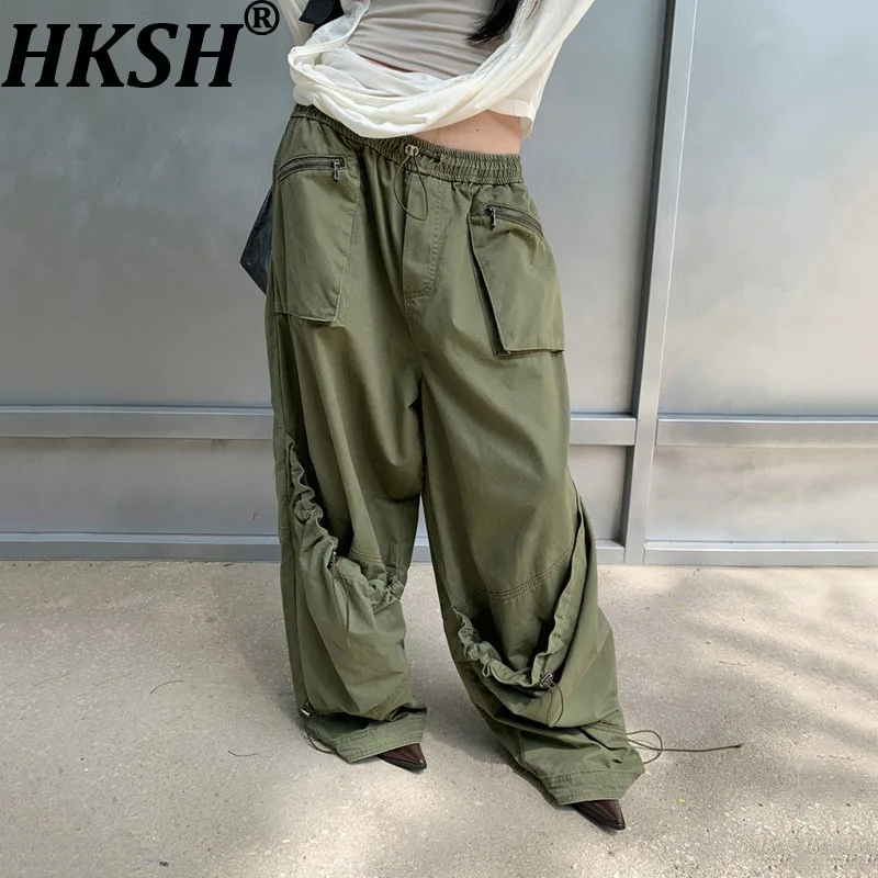

HKSH Весна Осень Новые Женские Джинсы Design Sense Плиссированные Большие Карманы Стиль Сафари Уличная Одежда Повседневные Шикарные Широкие Брюки HK11983