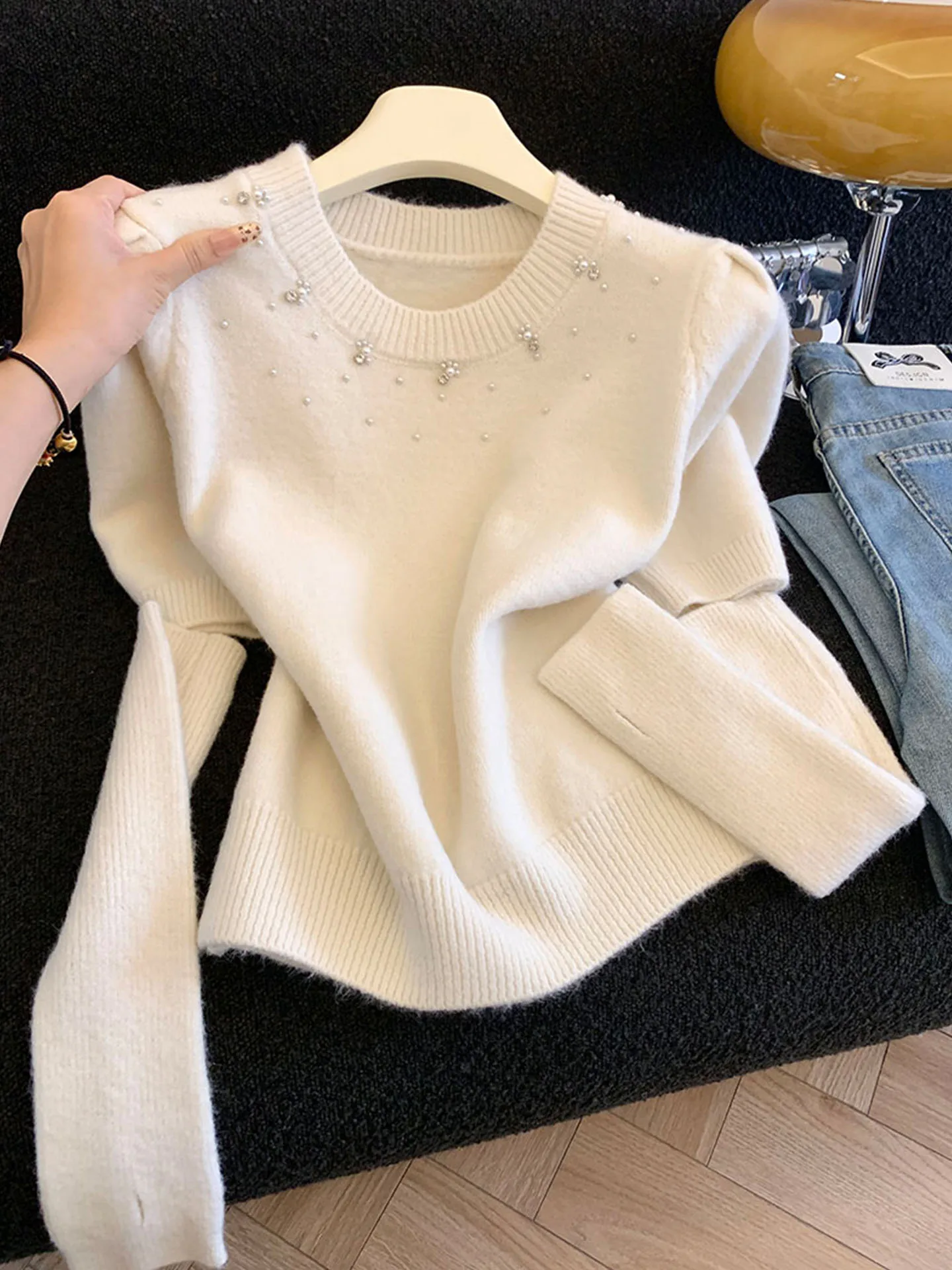 

Emily Clud Recommended Detachable Sve Knitted Sweater round Ne Women's Autumn Winter Warm Faux Pearl Embellied Top