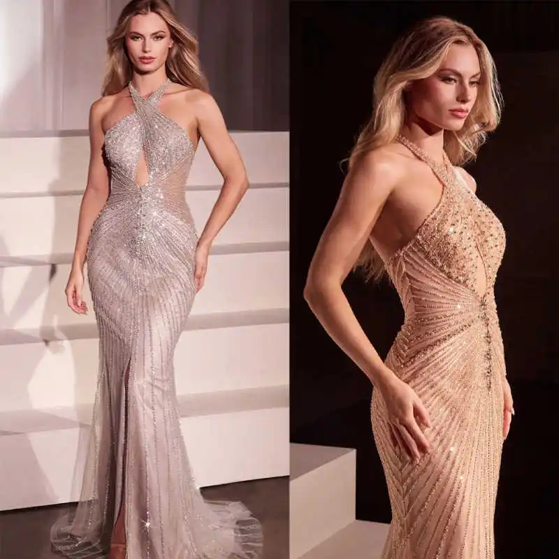 

Элегантные вечерние платья-футляр с лямкой на шее и блестками длиной до пола, платье для выпускного вечера без рукавов для торжественных случаев, Vestido De Noite, индивидуальный заказ