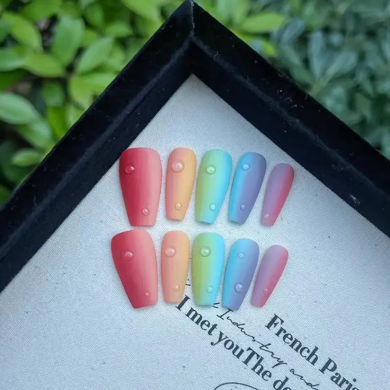 [Rainbow Series] Summer Candy Color Gradual Change Matte Pure Hand-worn Armor Medium and Long Nail Sticker Long Press on Nails