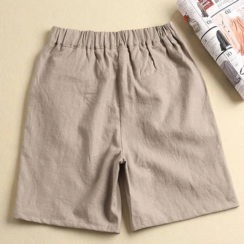 Khaki Solid Casual Linen Cotton Elastic High Waist Wide Leg Button Loose Women\'s Shorts Korean Fashion Summer Shorts Women 2024