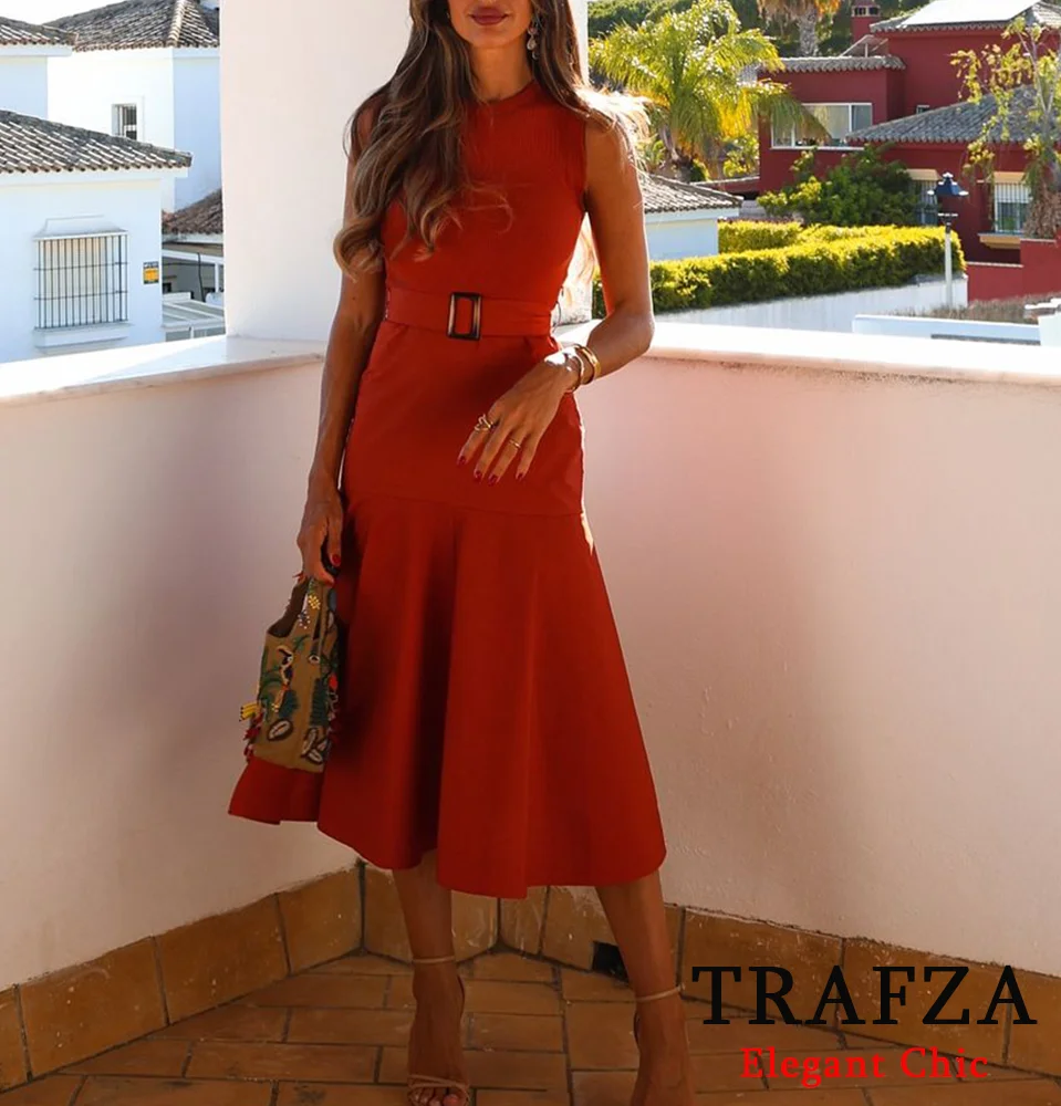 TRAFZA-vestido sin mangas con cinturón de retazos para mujer, Top de punto, falda de popelina, vestido liso, vestido de vacaciones de moda de verano