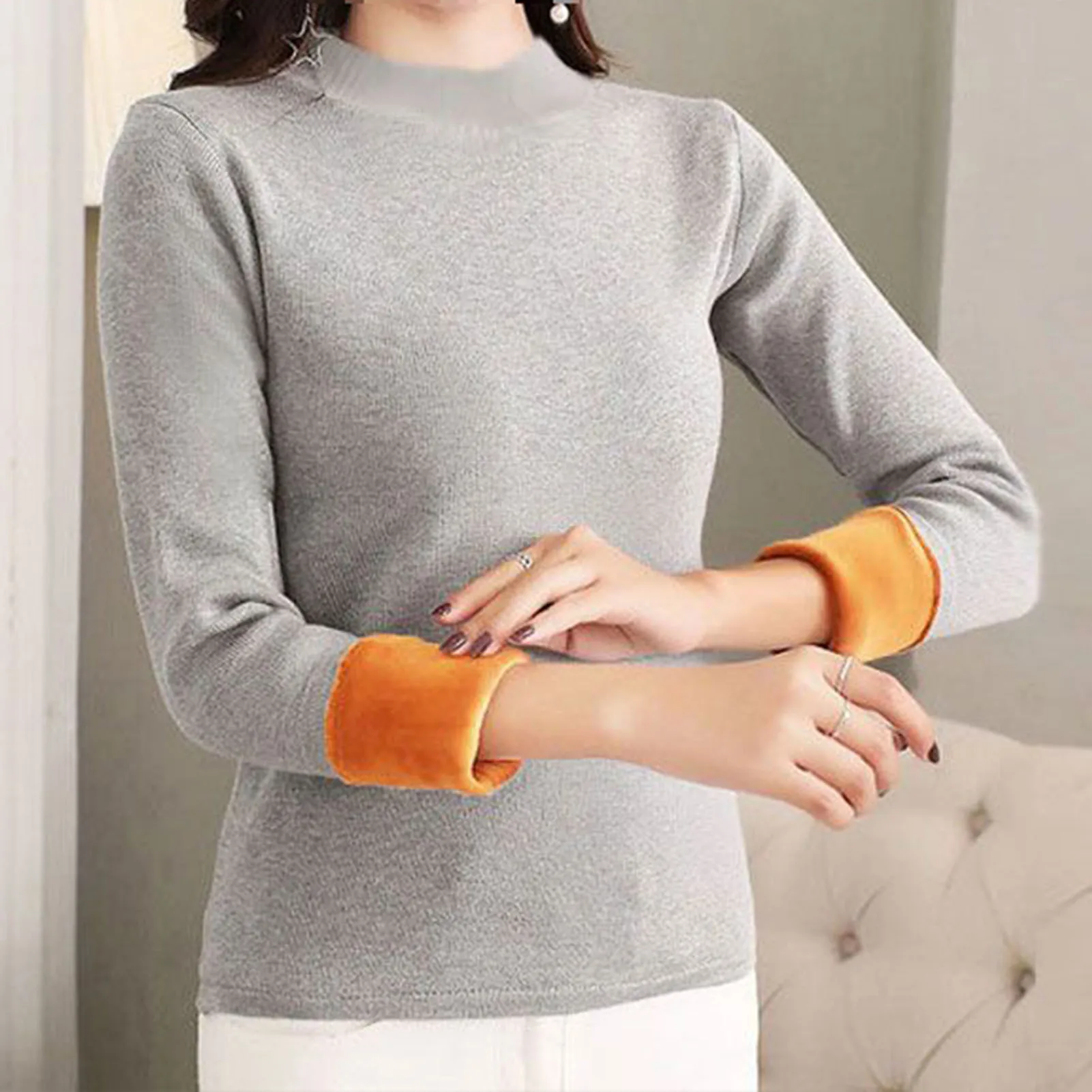 Women Thermal Basic Pullover Self-Heating Warm Velvet Shirt for Girl Woman Mother Lover