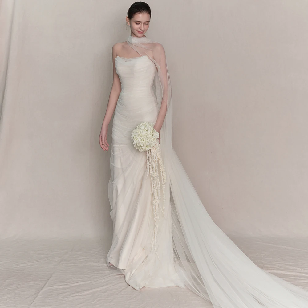 Strapless Soft Tulle Mermaid Wedding Dress Sleeveless Sweep Train Elegant Bridal Photoshoot Dress 웨딩드레스 TSWD613