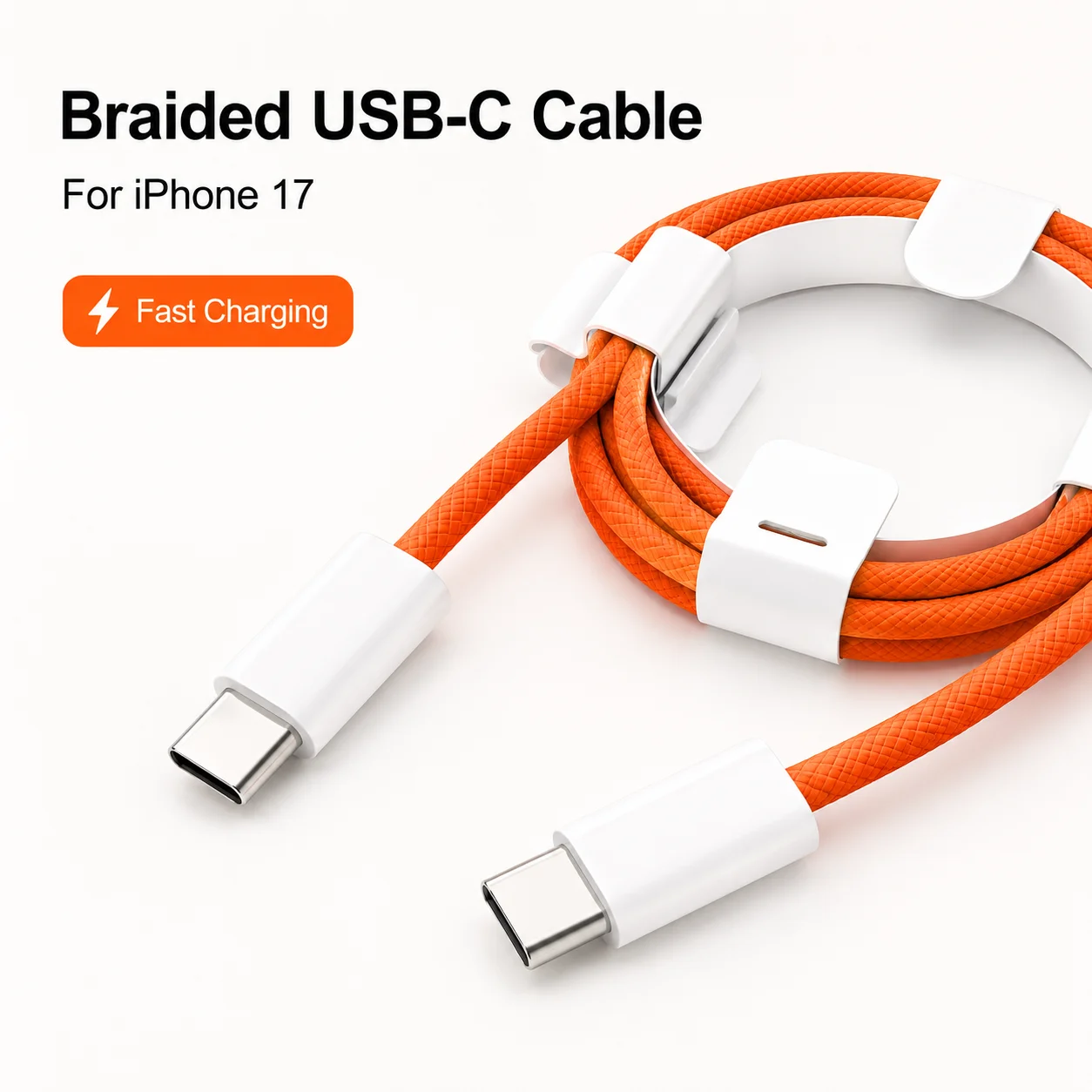 60W PD USB C Cable for iPhone 17  Orange Braided Type C Fast Charging Data Cable