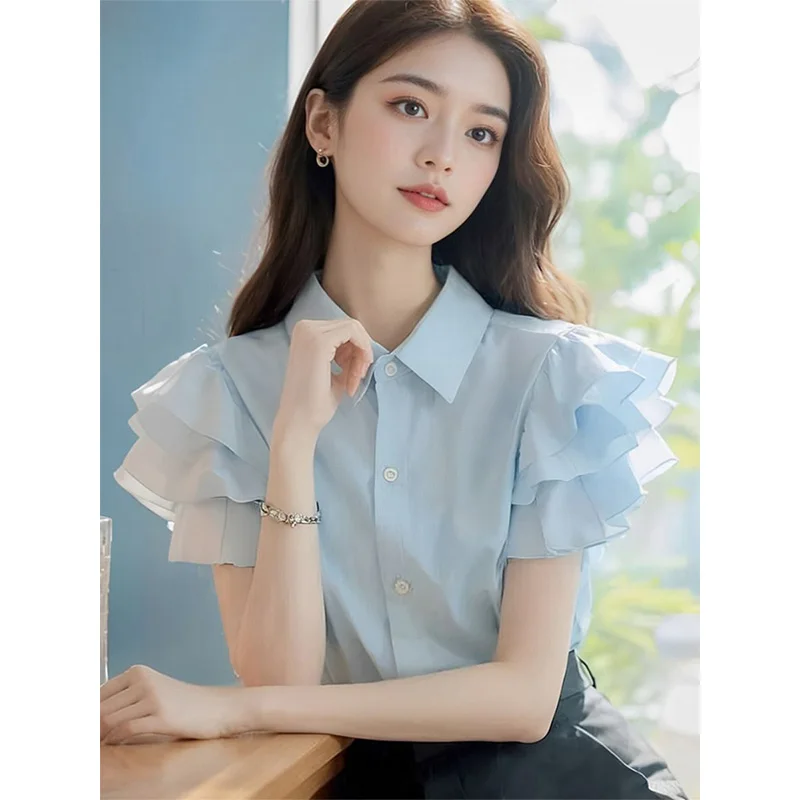 

Women Summer Korean Fashion Button Solid Color Polo Collar Short Sleeve Women Shirts Simplicity Elegant Ruffles Chiffon Top Tee
