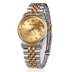 REGINALD Brand Mens Dress Style business watch Steel wristband Golden Men Quartz Watch Valentine's Day present For Man
