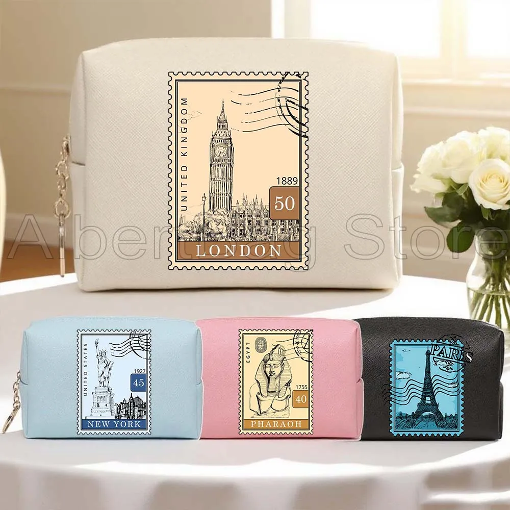 

London New York Paris Pharaoh Egypt Rome Italy Stamps PU Travel Cosmetic Bag Women Makeup Case Waterproof Toiletry Storage Bags