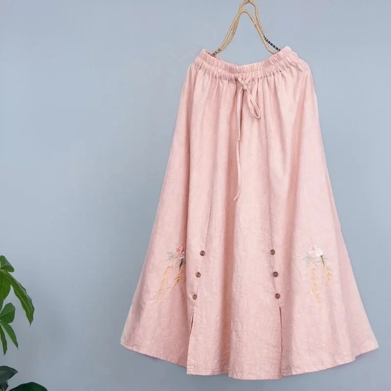 

Cotton Linen Women's Long Skirt Summer New Embroidered Elasticity Waist Thin Loose Fashion Casual A- Line Skirt