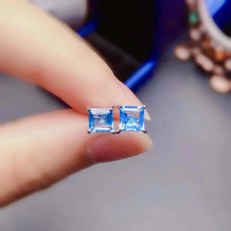 

Simple Silver Square Gemstone Earrings for Daily Wear 100% Natural 4mm Topaz Earrings 925 Silver Topaz Jewelry