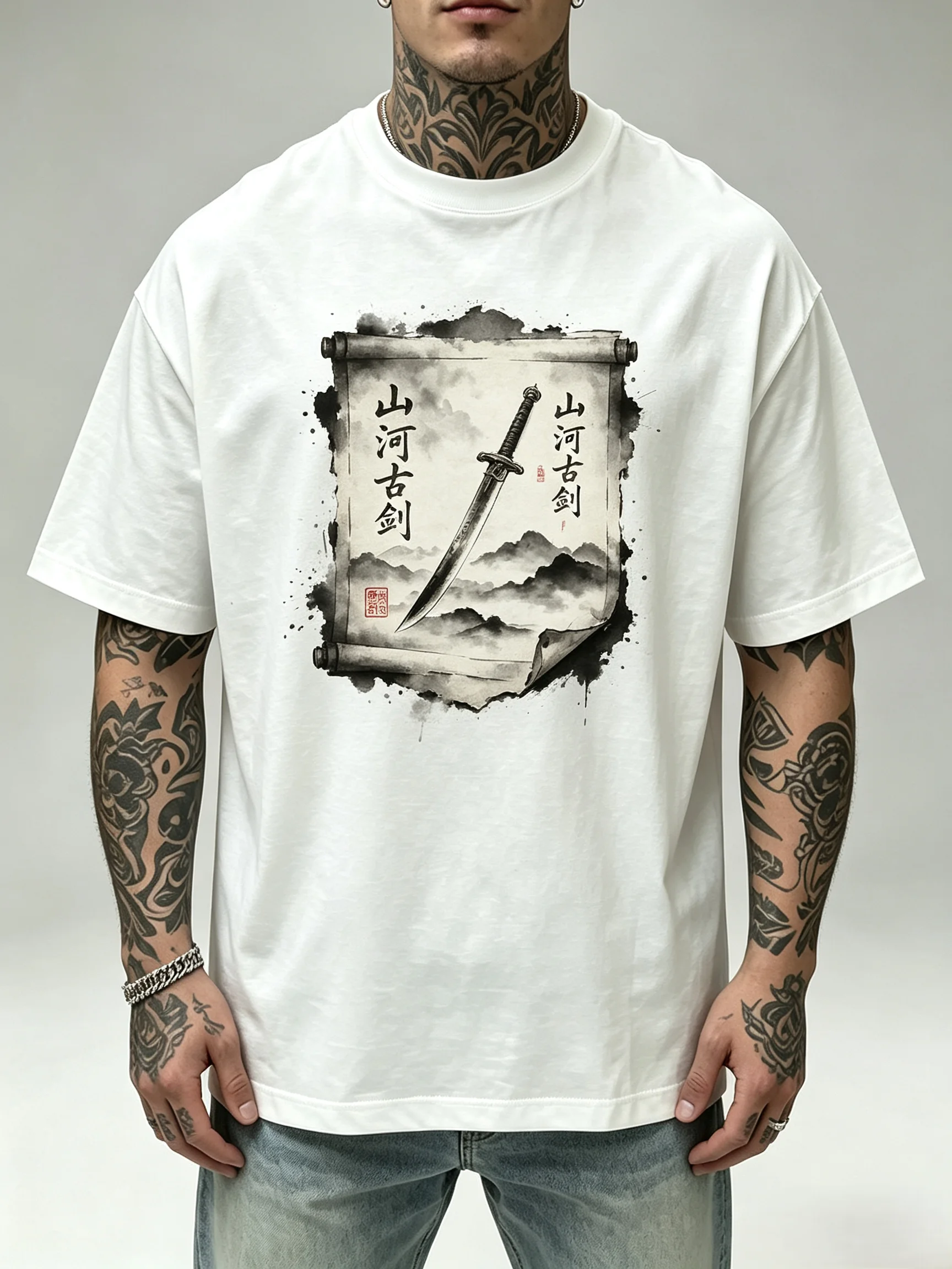 Camiseta Unisex con Diseño de Pergamino de Espada Antigua de Montaña y Río, Pintura de Tinta China, Caligrafía, Paisaje, Estilo Vintage, Gráfico de Pergamino, Manga Corta, Oversize, Streetwear
