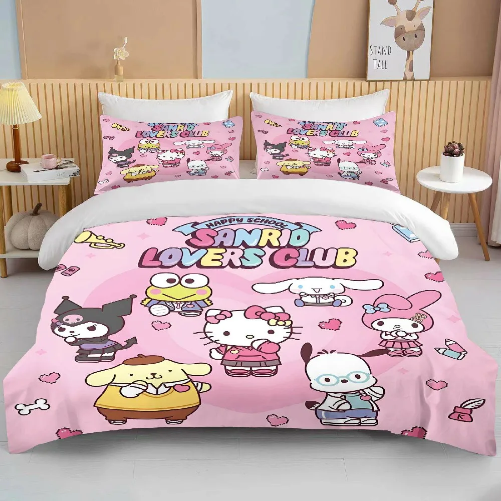 

Sanrio Character Friends Printed Bedding Set Cartoon Anime Microfiber Bed Set Pillowcase Adult Bed Cover Bedroom Bed Set Duvet