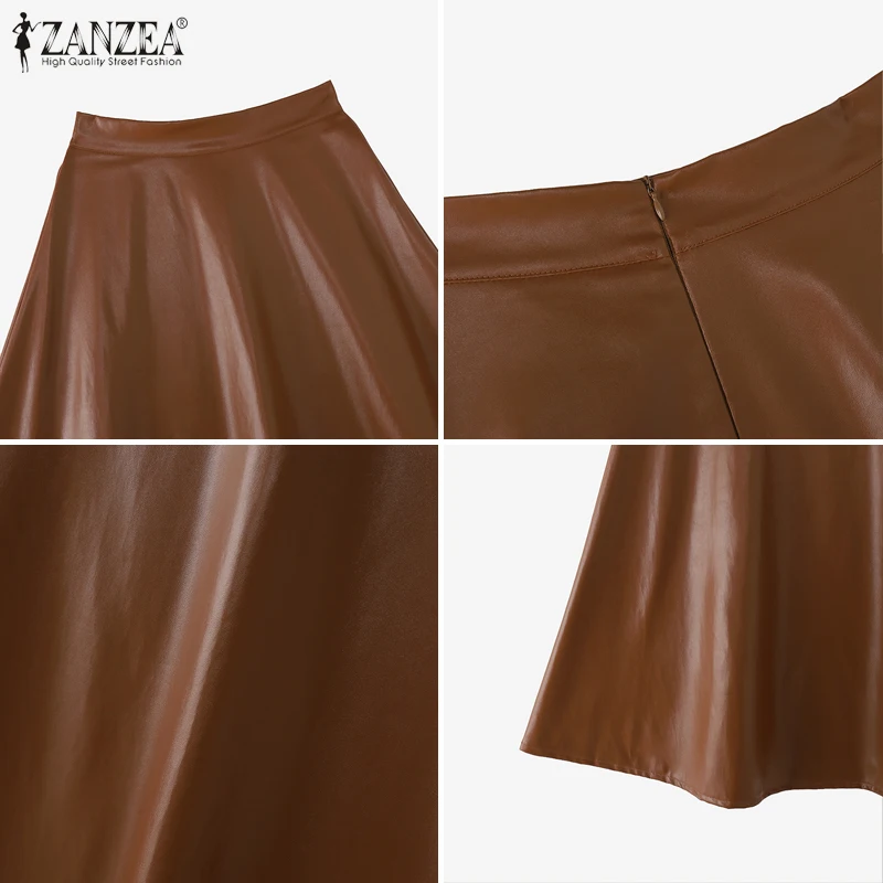 ZANZEA الخريف الشتاء أنيقة بولي Leather التنانير الجلدية النساء عالية الخصر سستة طويلة أسفل موضة عادية الصلبة ألف خط Jupes Faldas Saia
