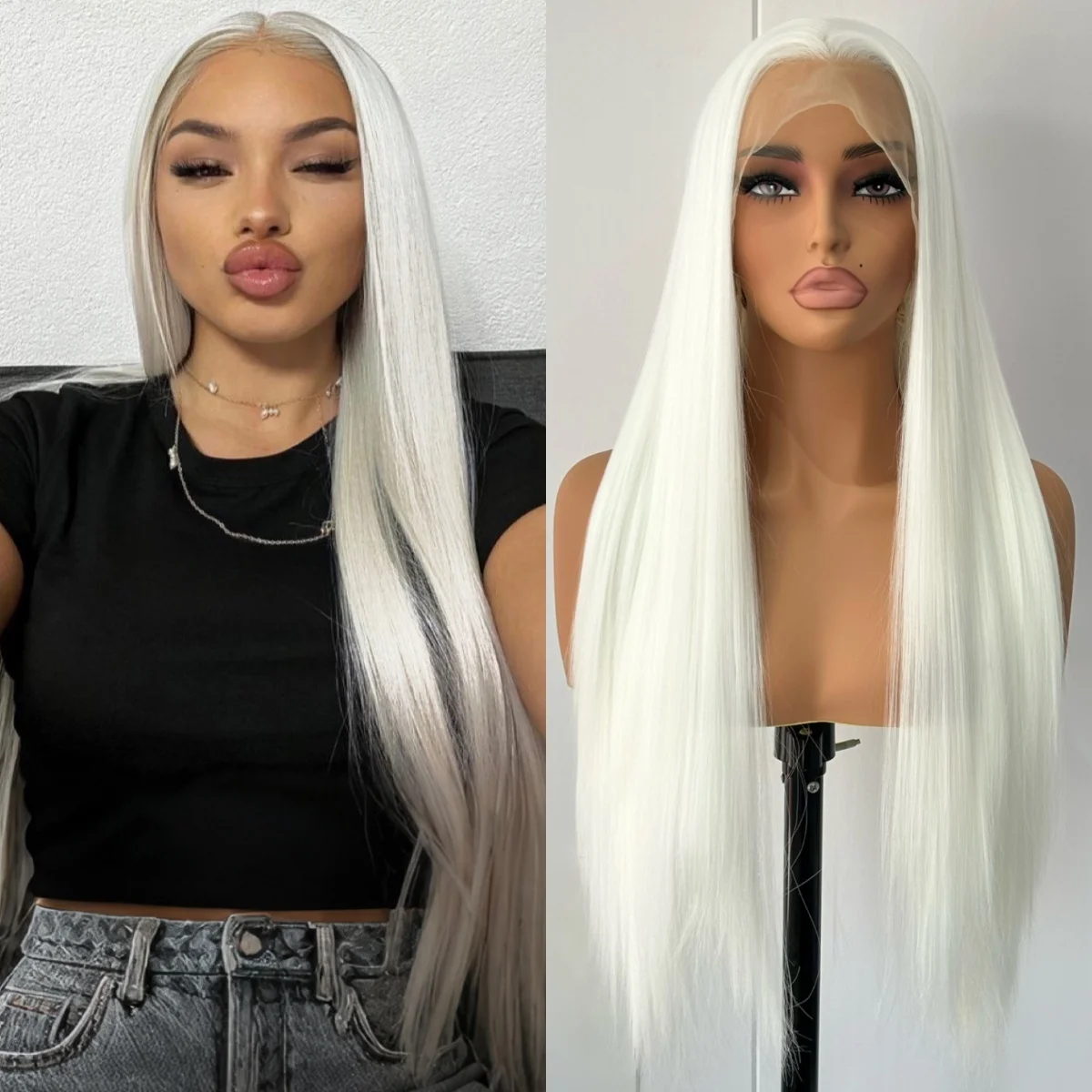 Long Silky Straight White Wigs for Women Free Part Natural Hairline Synthetic Hair Pre Plucked 13X4 Lace Frontal Cosplay Party