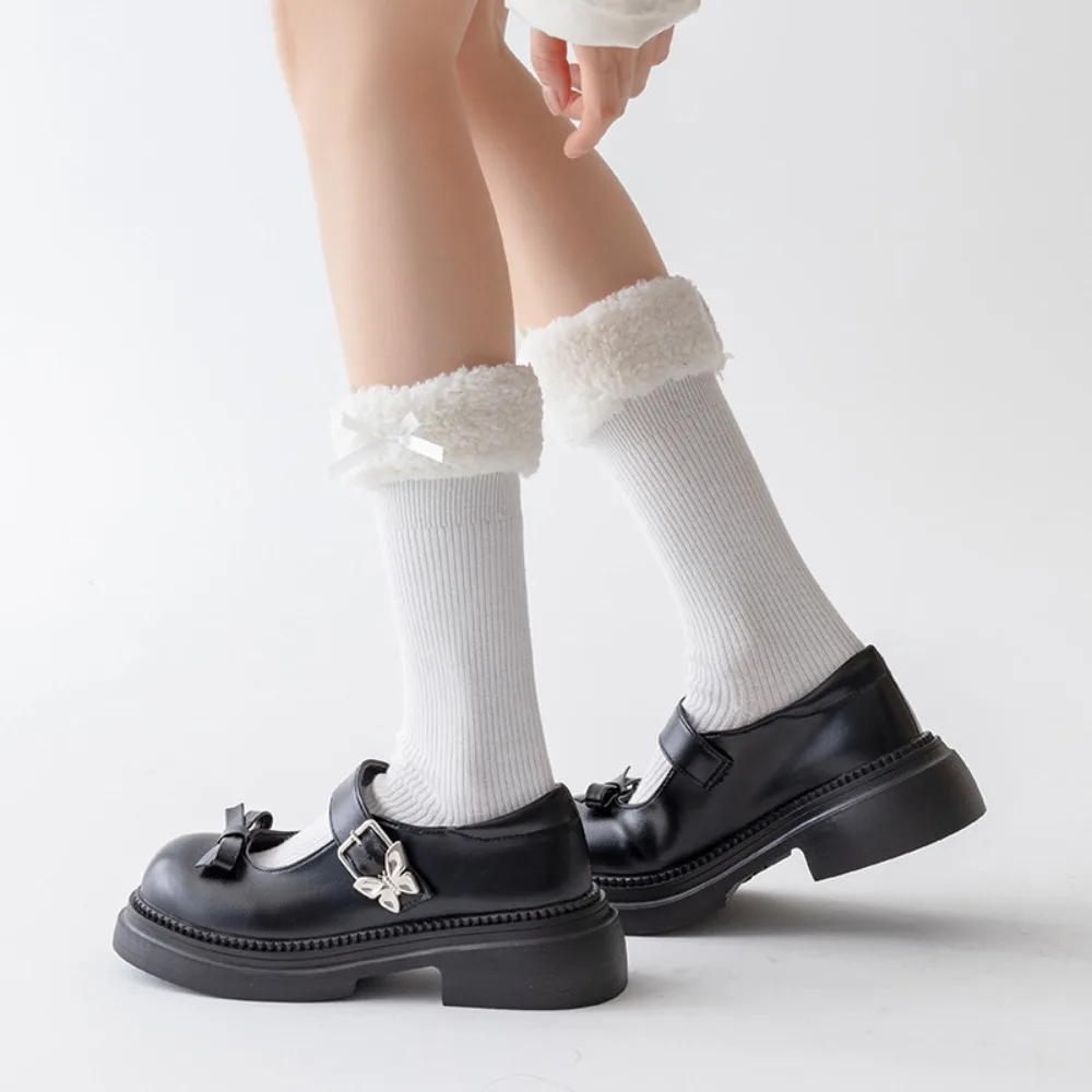 Sweet Y2K Cotton Lolita Socks Thicken Warm Coral Fleece Socks Bow Hosiery Mid-Calf Tube Sock JK