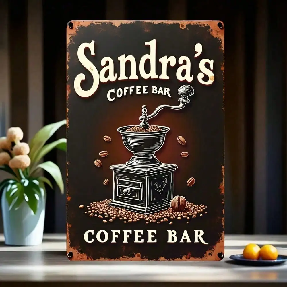 Retro Metal Sign 8x12 Inch For Sandra's Coffee Bar, Vintage Rustic Tin Wall Art Coffee Grinder Beans Decor, Farmhouse Kitchen Wa