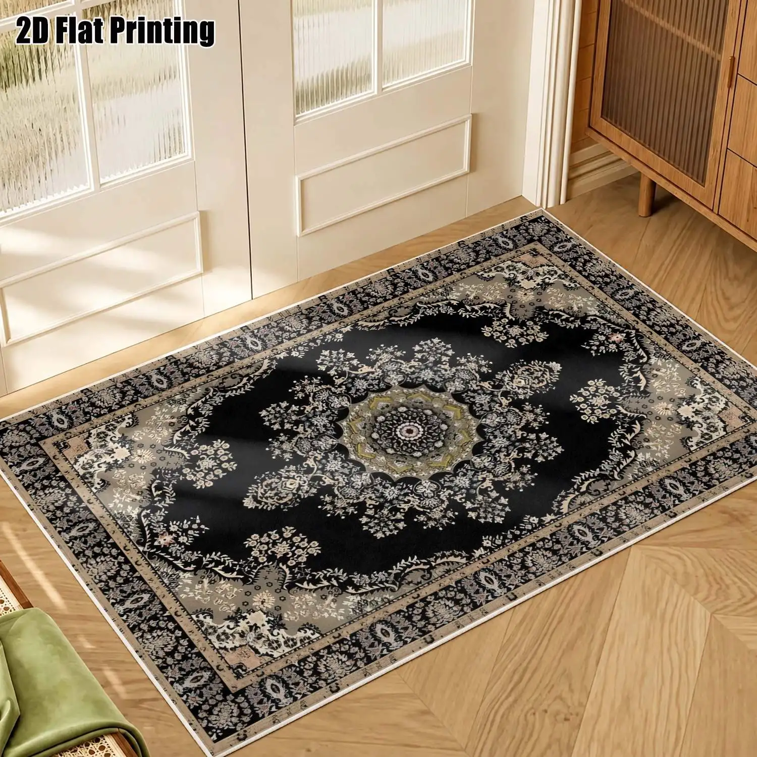1Pc 2D Printed Velvet Carpet, Black Base White Floral Retro European Style, Multi-Style Optional, Multi-Size, Machine Washable, for Home Decoration & Multi-Scene Use