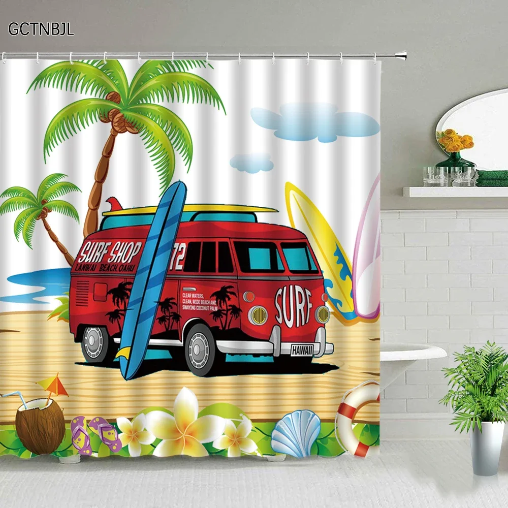 Cartoon Summer Travel Shower Curtain Camper Skateboard Ocean Coconut Landscape Polyester Fabric Home Decor Hook Bathroom curtain