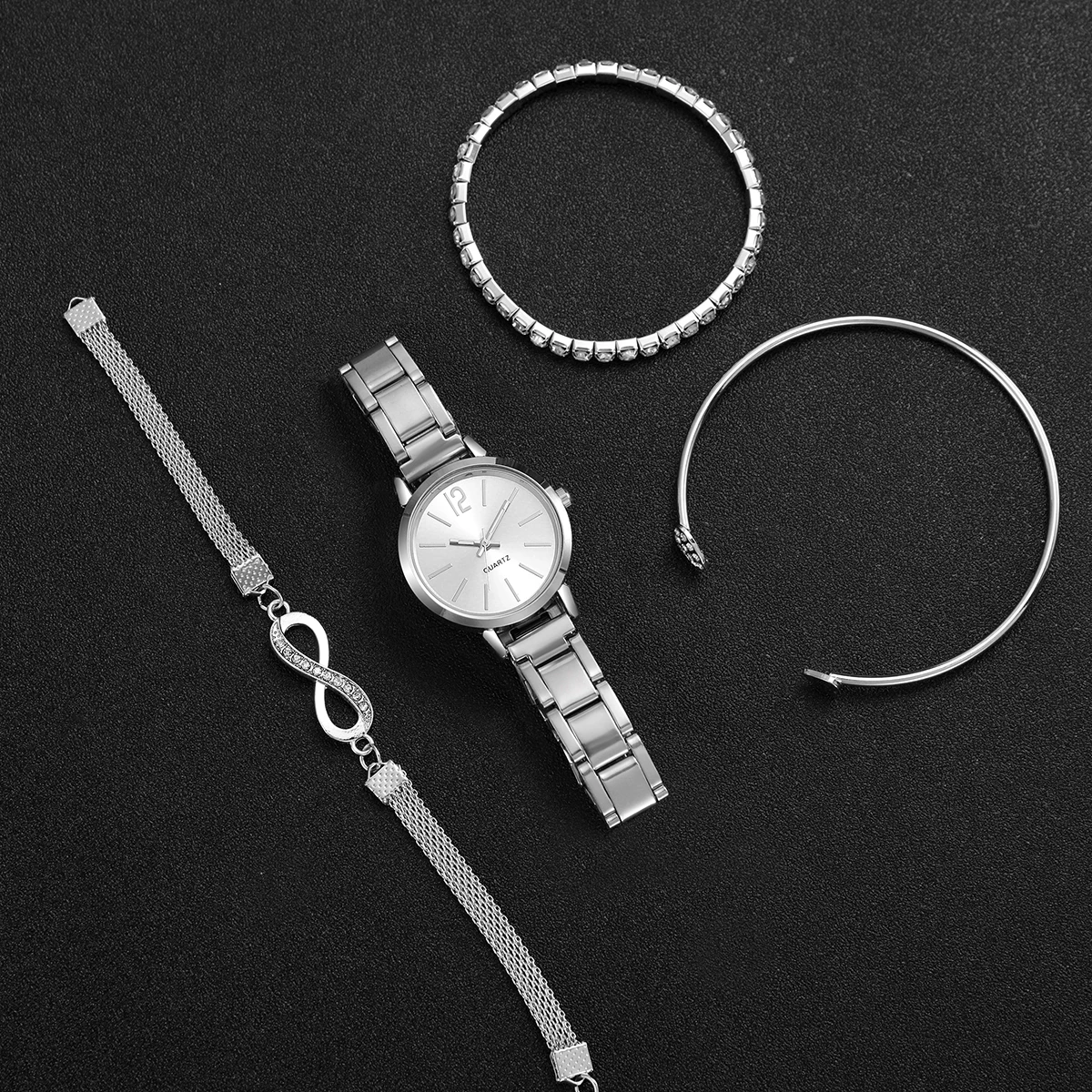 4PCs/Set Women's Watch Luxury and Simple Women's Steel Band Quartz Watch Octagonal Love Bracelet Set