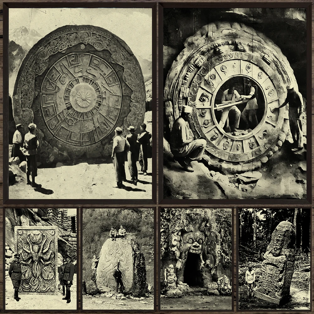 

Mysterious Archaeological Excavations Vintage Photo Wall Art Canvas Print,Pagan Cryptic Reliefs Stone Statues Art Poster Print