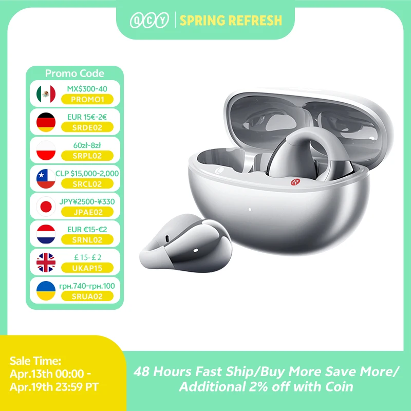 QCY Crossky C30S Open Ear Wireless Earphones Hi-Res with LDAC Ear Clip Earbuds Bluetooth 6.0 Clip On OWS Sports Headphones 40Hrs