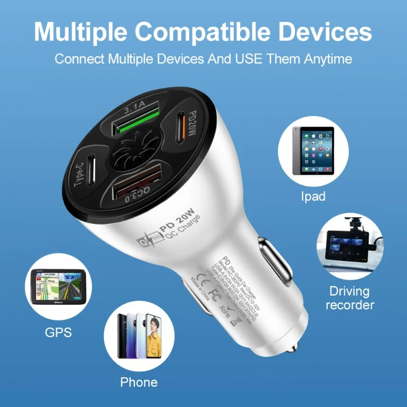 68W 4Port Car Super Fast Charger QC3.0 PD30W Car Cigarette Lighter Charger for huawei/iphone/samsung/xiaomi/oppo/vivo/honor