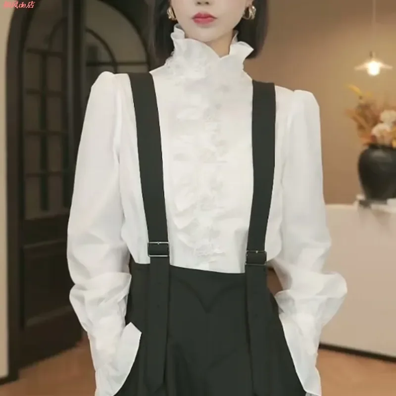 Solid Color Jacquard Shirt for Women 2025 Autumn and Winter New Lace Collar Long-sleeved Loose Right Shoulder Fashionable Top